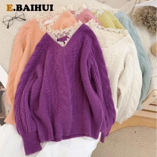 EBAIHUI Autumn Winter Lace Collar Sweater Women Loose Sweaters Puff Sleeve Solid Color Pink Orange Purple Lace Jumpers