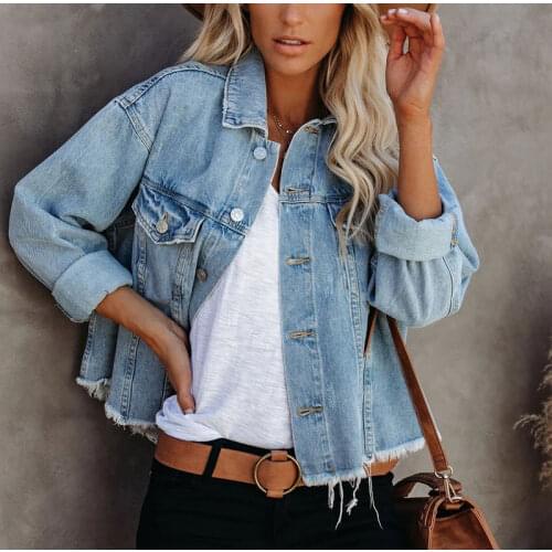 Plus Size Loose Short 2021 Denim Jackets Vintage Tassel Long Sleeve Jeans Jacket Oversized Frayed Coats