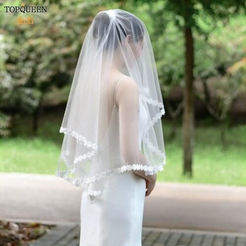 TOPQUEEN V54 Wedding Accessories Hair Veil No Comb Lace Flower Edge Wedding Veil Short Wedding Veil Fingertip Covers Bridal Veil