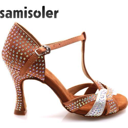 Samisoler Women Party Dance Shoes Satin Shining rhinestones Soft Bottom Latin Dance Shoes Woman Salsa Dance Shoes heel5CM-10CM
