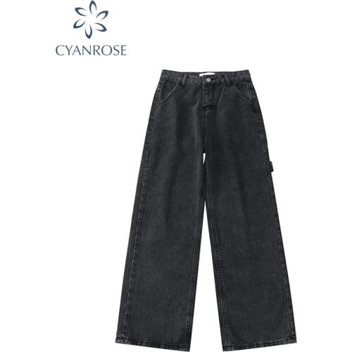 Womens High Waist Jeans Casual Loose Wide Leg Cargo Pants Streetwear Vintage Straight Denim Pants Spring 2021 Female Jeans