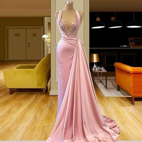 Pink Mermaid Evening Dresses Dubai Sleeveless Party Gowns Lace Sequins Women Prom Dress Middle East 2021 Robe De Femme