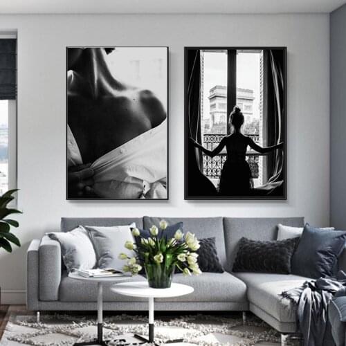 Black and White Sexy Window Girl Nordic Figure Canvas Painting Fashion Woman Poster Wall Pictures For Living Room Decor No Frame