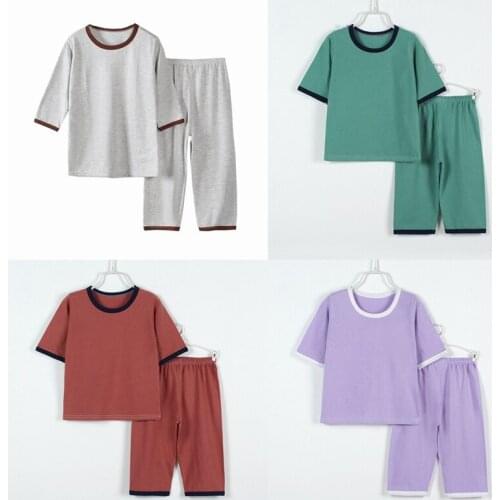 2021 Spring Autumn Fall Kids Pajamas Boys Girls Set Solid Color Cotton Sleepwear Children Loungewear Toddler Clothing Homewear
