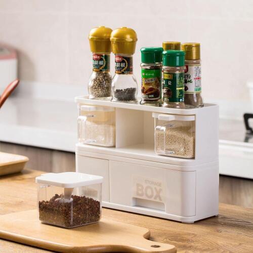 Double Layer Drawer Type Seasoning Box Suit Plastic Salt Shaker Spice Jar Set kitchen Seasoning Organizer Tank With 3 Spoons