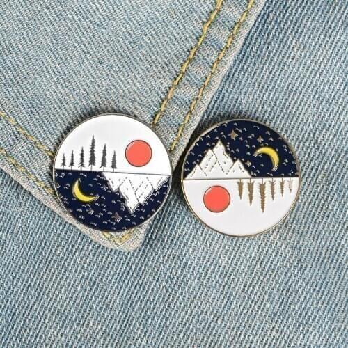 Sun Moon Stars Mountain Brooches Day and Night Enamel Pins Gold Silver Button Badge Bag Clothes Jewelry Gift for Lover Friend