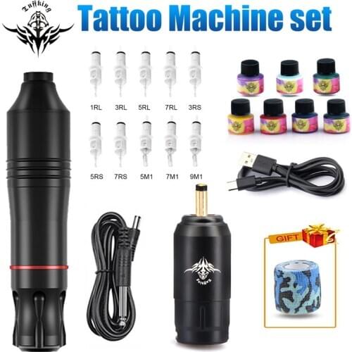 Complete Wireless Tattoo Machine Kits Tattoo Power Supply Rotary Pen with Cartridges Needles and Ink Permanent Makeup Machine