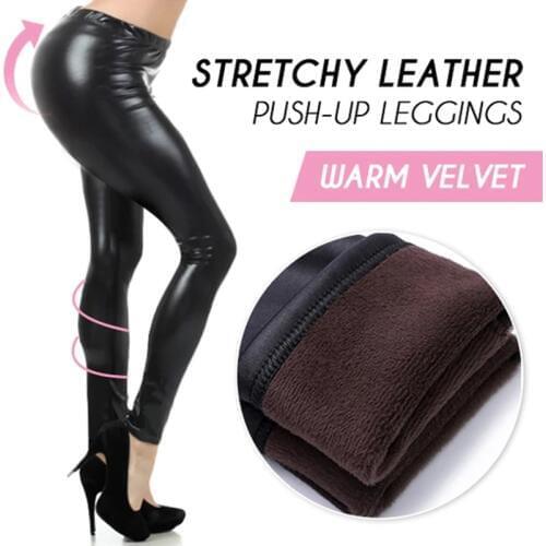 New Arrival Stretchy PU Leather Push Up Leggings Women Thickened Fleece Lined Winter Tights Pants