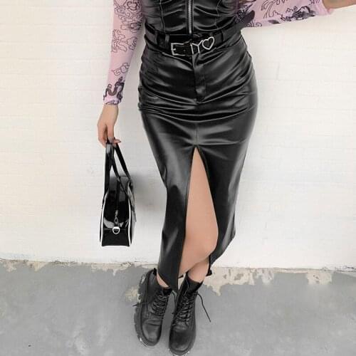 Midi Split PU Leather Skirt Women Spring Summer Black Sexy Bodycon Fashion Party Ladies Pencil Skirts Ladies Pocket