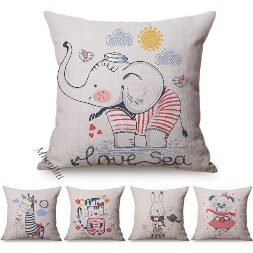 Cute Cartoon Cushion Cover Hand-Painted Animals Elephant Cat Giraffe Home Decor Sofa Pillow Case Kids Room Chair Cushions Cover
