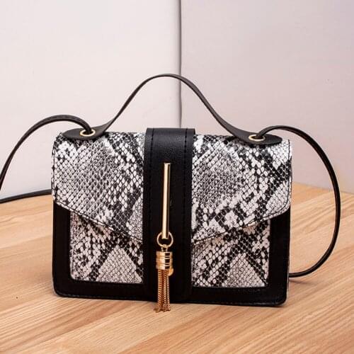 Fashion Snake Pattern Women Vintage PU Leather Shoulder Messenger Bags Tassel Color Splicing Ladies Casual Crossbody Handbags