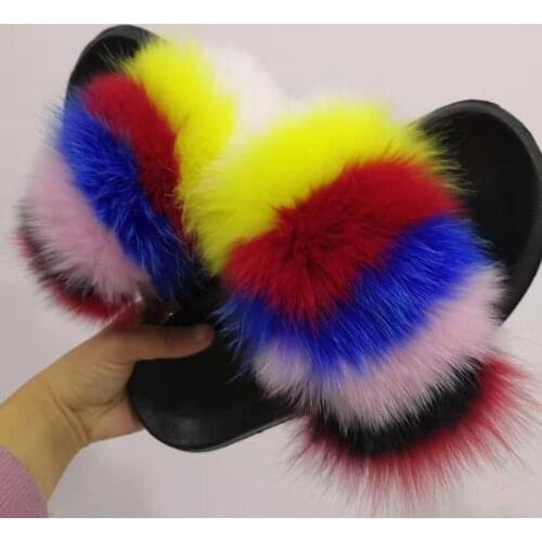 Wholesale Ladies Colorful Fur Slippers Women Plush Fuzzy Flip-flops Furry Fluffy Sandals Slippers Shoes Fluffy Fur Slides Vendor