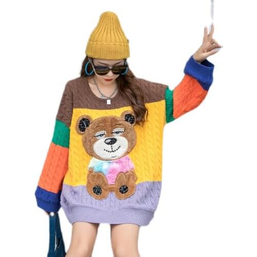 2021 Autumn And Winter Women Sweaters Cartoon Color Block Loose Oversized Knitwear O-Neck Long Sleeve Pullover Beads Tops