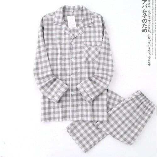 Autumn Cotton Pajamas Lovers Double-layer Gauze Plaid Sleepwear Long-sleeved Home Clothes Women and Men Loungewear 2 Piece Set
