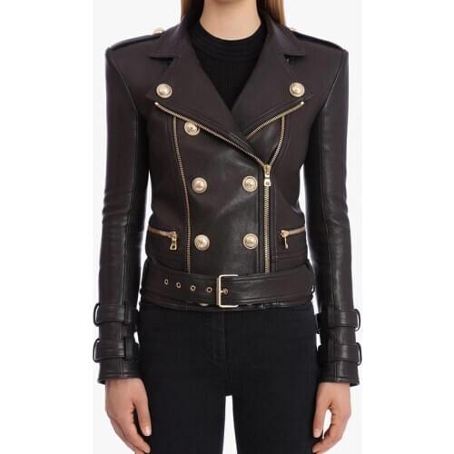 Cosmicchic 2020 Autumn Zipper Motorcycle Sheepskin Jacket Women Double Breasted Belt Gold-Button Casual Biker-Coat Outwear Chic