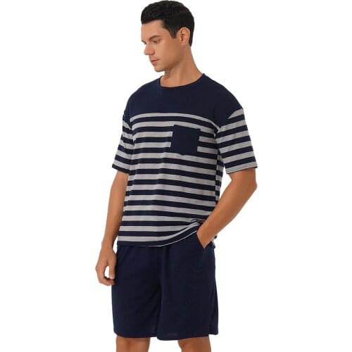 Men Striped Pajama Set Round Neck Short Sleeve T-shirt Daily Casual Outfit Shorts Summer 2021 Chic Men Clothes Harajuku Oversize