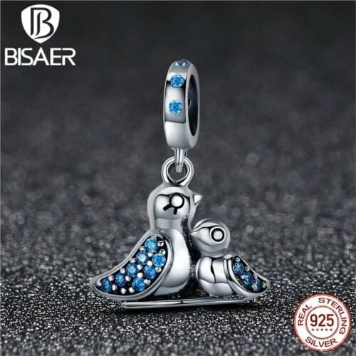 100% 925 Sterling Silver Animal Pendant, Bird Mother & Baby Charms Fit BISAER Bracelet Authentic Original Jewelry Gift ECC426