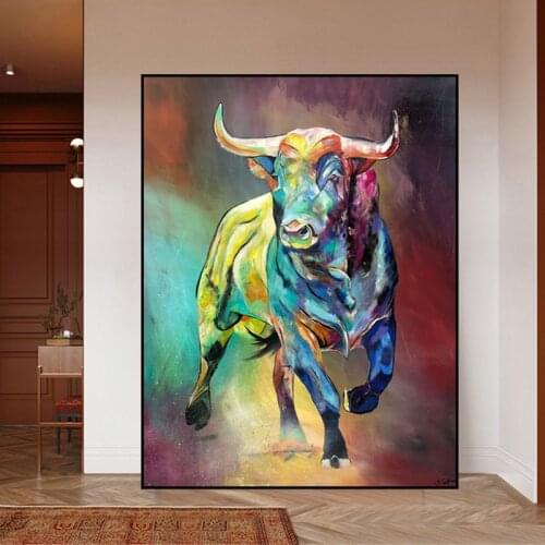 Abstract Colorful Bull Canvas Painting Animal Print Wall Art Poster Modern Living Room Decoration Oil Painting Cuadros Picture