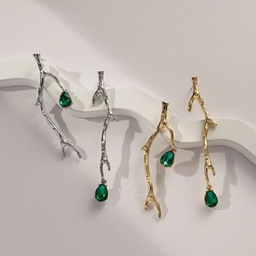 SRCOI Exaggerated Gold Color Filled Branches Stud Earrings With Rhinestone Irregular Geometric Long Metal Plant Women Jewelry