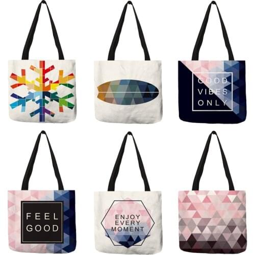Pink Blue Color Geometry Pattern Tote Bag Letter Printed Linen Handbag Double Side Travel Folding Reusable Bags Sac A Main