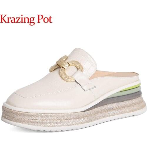Krazing pot genuine leather round toe thick bottom metal fasteners mixed colors fashion slip on outside slipper shoes women L57