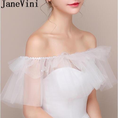 JaneVini Summer White Bolero Girl Boat Neck Pearl Bridal Wedding Cape Shoulder Wraps Sheer Tulle Bride Wedding Dress Accessories