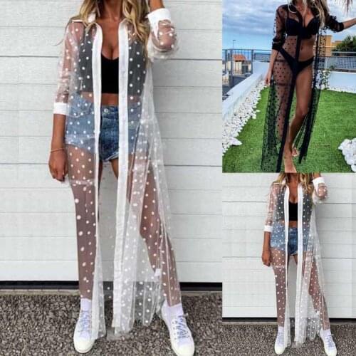 Long Sleeve Bikini Coat Dot Print Net Yarn See-Through Lapel Bikini Cover Up Beachwear Summer Women Sexy Cover Up Beach Coat