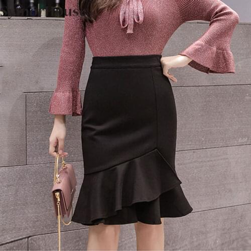 Plus Size Skirt Women Vintage 2021 Fashion Black Ruffles High Waist Mermaid Skirts Korean Office Sexy Bodycon Skirt Female