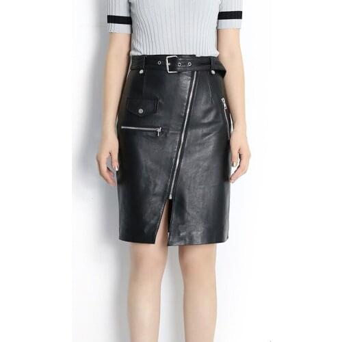 Front Zipper Punk 2020 Spring Autumn New Fashion Black Sheep Skin High Waist Genuine Leather Skirt Women With Belt