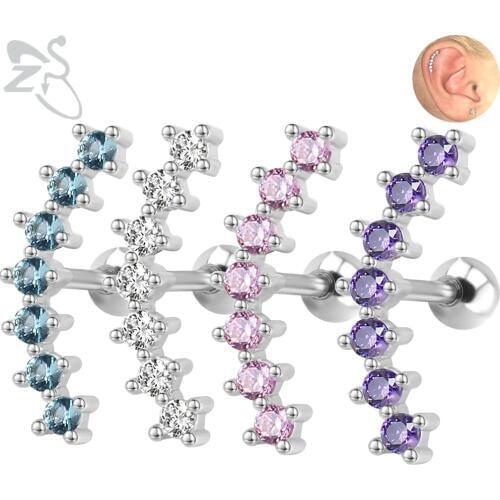 ZS 1PC 7 CZ Curve Studs Earrings for Women Stainless Steel Cartilage Tragus Earring Nose Studs Ear Flat Piercings Body Jewelry