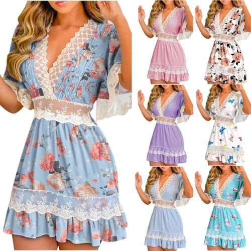 IMCUTE Girly Sexy Lace Deep V-neck Short Sleeve Dress Womens Hollow Trumpet Sleeve A-line Dress Butterfly Floral Print Sundress