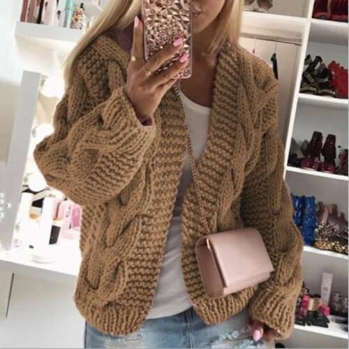Winter Warm Solid Color Cardigan Long Sleeve Womens Winter Thick Line Sweater Cardigan Soft Hand Knitted Womens Cardigan
