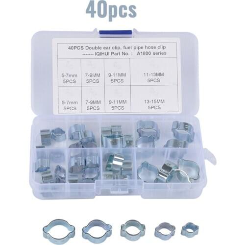 40PCS 5-15MM size Double Ear Hose Clips Water Fuel Air Clamps Zinc Plated Assortment Box