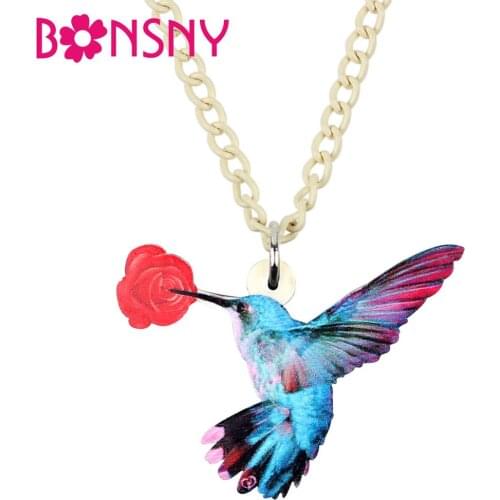 Bonsny Acrylic Flying Hummingbird Flower Necklace Pendant Chain Choker Unique Fashion Bird Jewelry For Women Girl Charm Gift