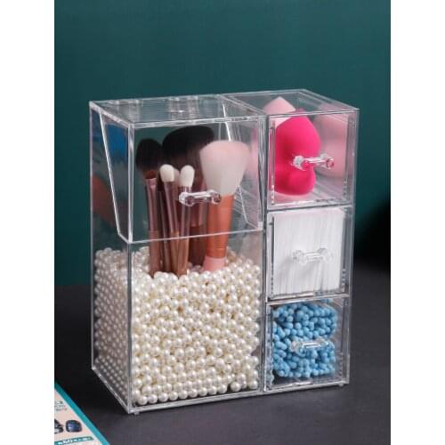 Acrylic Makeup Brushes Holder with Drawers for Cotton Pads/Swab/Blender Makeup Brush Kit Tools Organizer Cosmetics Storage Box