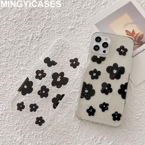 Fresh Black Flower Glitter Phone Case for IPhone 12 Mini 11 Pro Max XR XS Max 7 8 Plus SE 2020 Soft Epoxy Clear Phone Cover