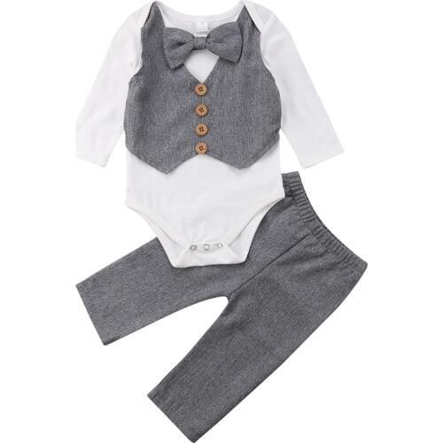 Citgeett Gentleman Baby Boys Bow Tie Tops Romper Patchwork Pants 2Pcs Set Formal Suit Gray Autumn Handsome Outfits