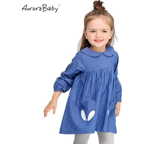 AuroraBaby Girls Dress Denim Cute Fox Dot Pattern Long Sleeve Toddler Girl Clothing 2-9Yrs Party Dress Vestidos de fiesta