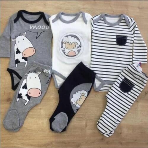 3 Pcs Baby Rompers Set Boys Newborn Clothes Cotton Soft Antiallergic Fabric Cow Patterned Underwear Pyjamas Trousers Long Sleeve