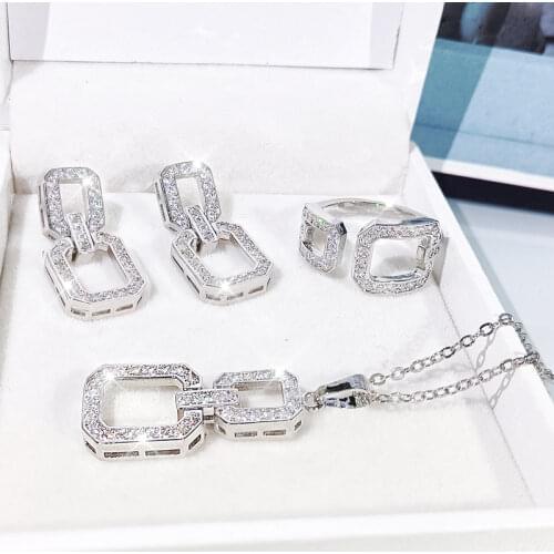 New Fashion 925 Silver Jewelry Sets Zirconia Metal Chain Drop Earrings Retro Punk Necklace and Ring Set for Women Dancing Party