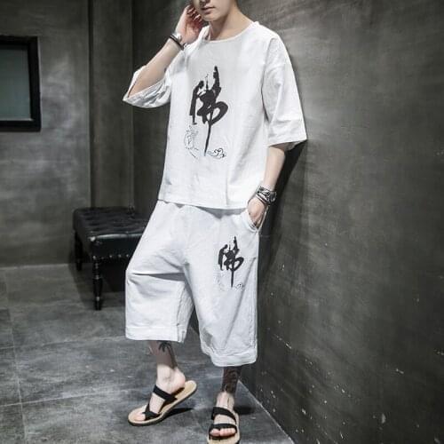 New Summer Men Loose Cotton Linen Two-Piece Set Clothing Chinese Style Suits Outerwear Fashion Casual Loose Male Suits