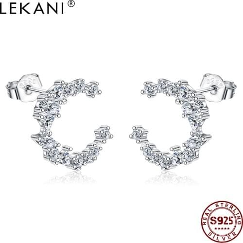 LEKANI 925 Sterling Silver Shining Moon Earrings For Women Trendy Cubic Zirconia Earrings Stud Romantic Engagement Jewelry Best