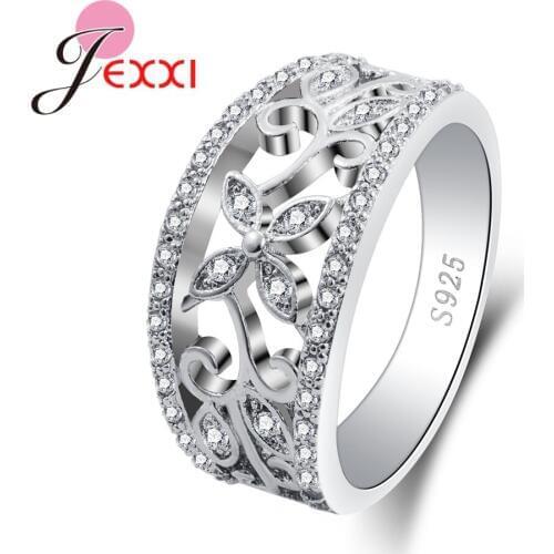 Summer Collection Pure 925 Sterling Silver Carved Rings Filled Clear CZ Stone Finger Ring for Women Engagement Jewelry