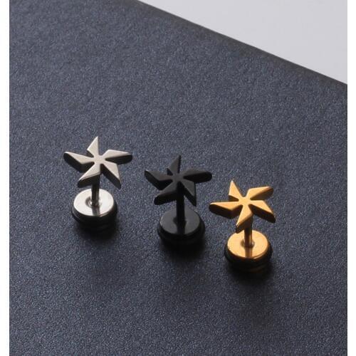 Fashion Windmill Plastic Circle White Black Gold titanium steel Men Screw Back (pierced) stud earrings