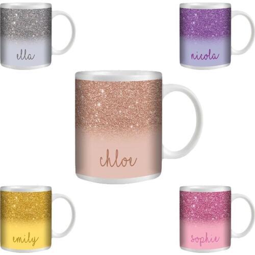 PERSONALISED CUSTOM PRINTED GLITTER EFFECT TEA COFFEE MUG CUP GIFT NAME TEXT DROP SHIPPING