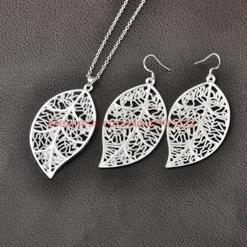 Cheapest Jewelry Sets Real Pure Genuine 925 Sterling Silver Jewelry Set Leaf Pendant Necklaces Hook Earrings Leaves Fashion