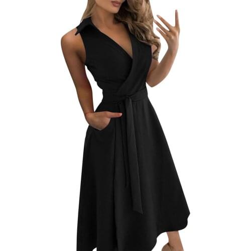 Women Party Dress Summer Sexy Sleeveless Waist Belt Midi Dresses Solid Street Pocket V-neck Vestido Brief A-line Sundress Платье