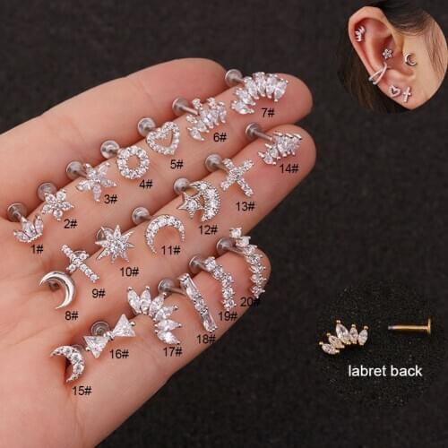 1PC16G Stainless Steel Ear Labret Lip Helix Screw Back Earring Stud Heart Cross Moon Tragus Rook Conch Lip Piercing Jewelry