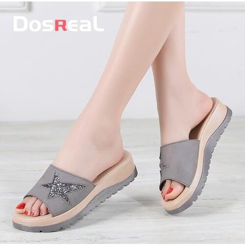 DOSREAL Womens Wedge Slippers Summer Fashion Glossy Star Slides Shoes Thick Sole Beach Sandals Ladies Outside Leisure Shoes