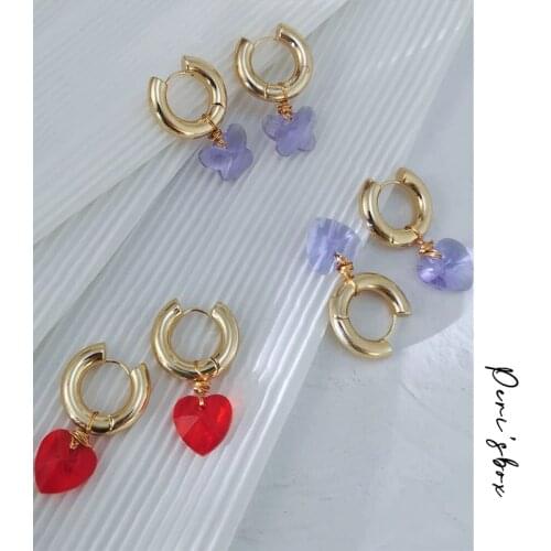 PerisBox 2 Colors Glass Love Heart Earrings Flower Chunky Circle Geometric Earrings Butterfly Elegant Minimalist Brass Jewelry